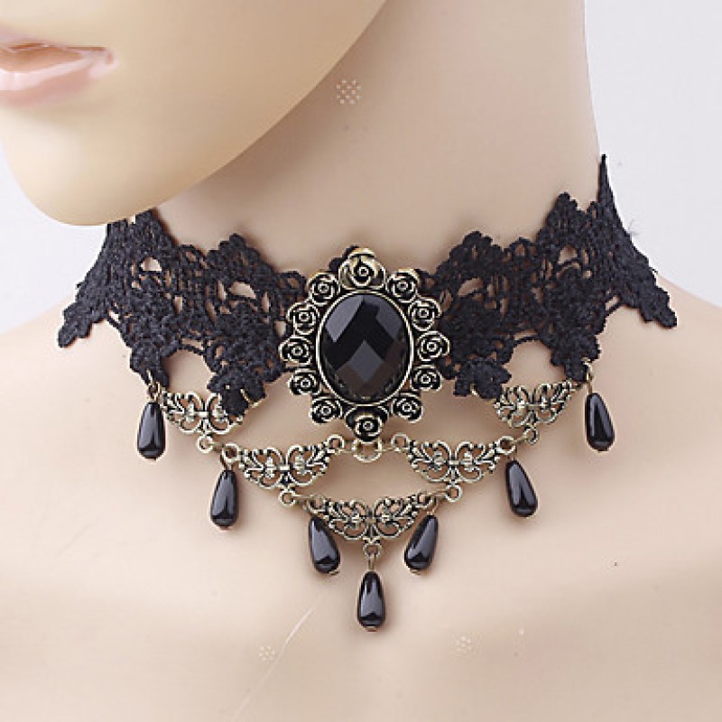 Europe Retro Black Lace Chokers Necklaces Gothic Jewelry Water Drop Shape Pendants Necklaces for Women's Wedding Party