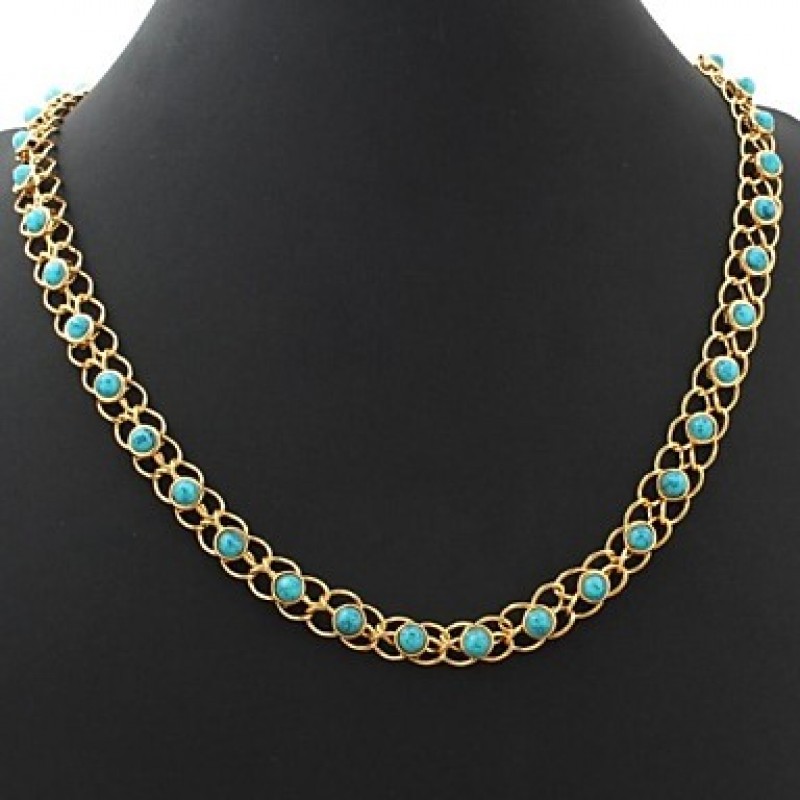 Turquoise Necklace 18K Real Gold Plated Turkish Stone Choker Necklace Jewelry Gift for Women 55CM