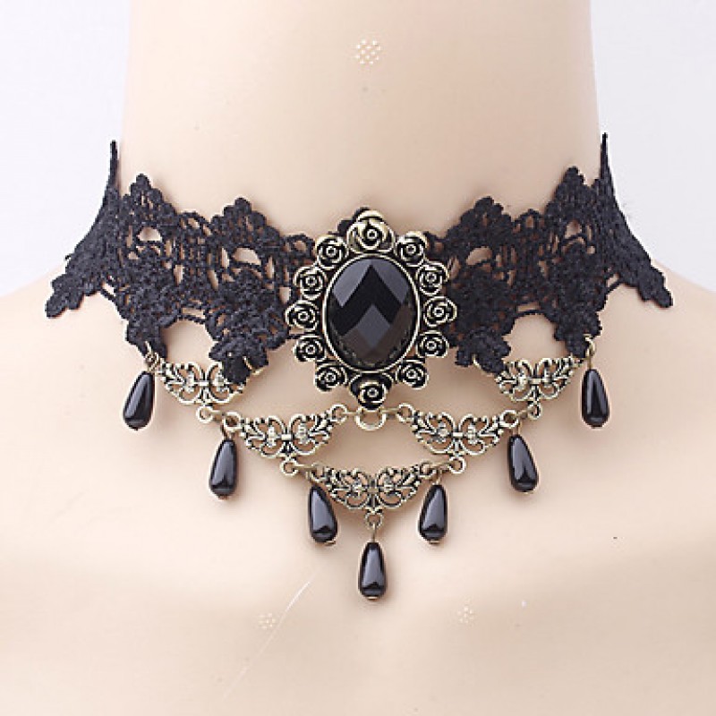 Europe Retro Black Lace Chokers Necklaces Gothic Jewelry Water Drop Shape Pendants Necklaces for Women's Wedding Party