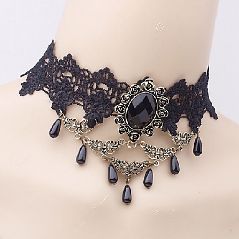 Europe Retro Black Lace Chokers Necklaces Gothic Jewelry Water Drop Shape Pendants Necklaces for Women's Wedding Party