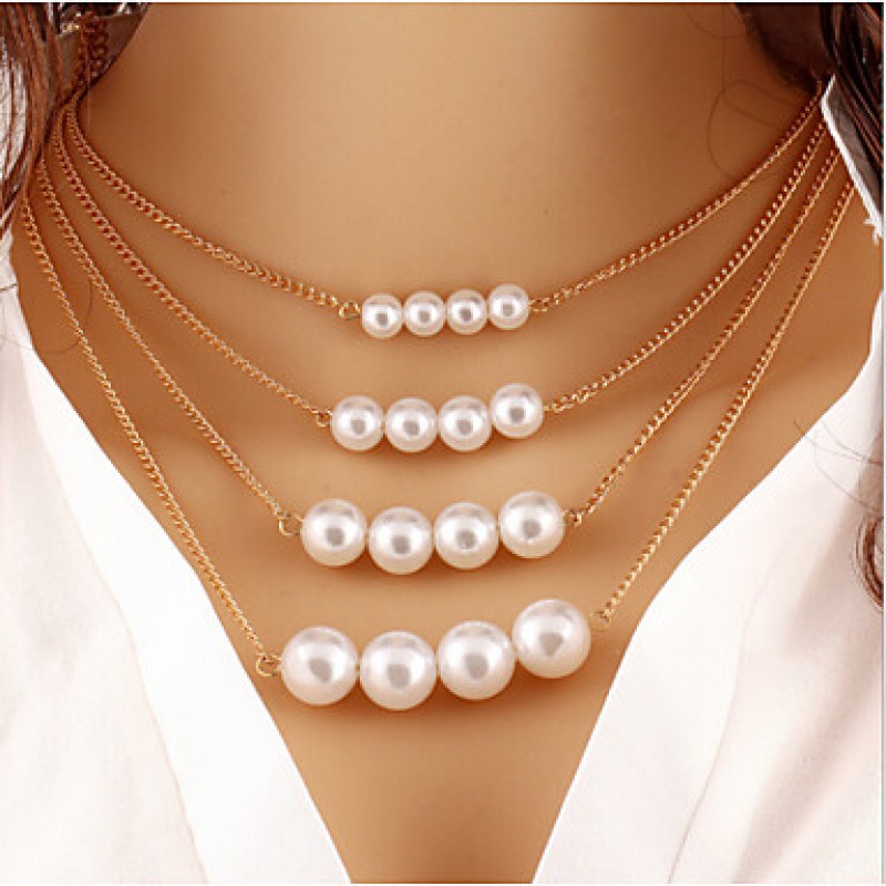 Women Necklace European Style Pearl Pendant Layere...