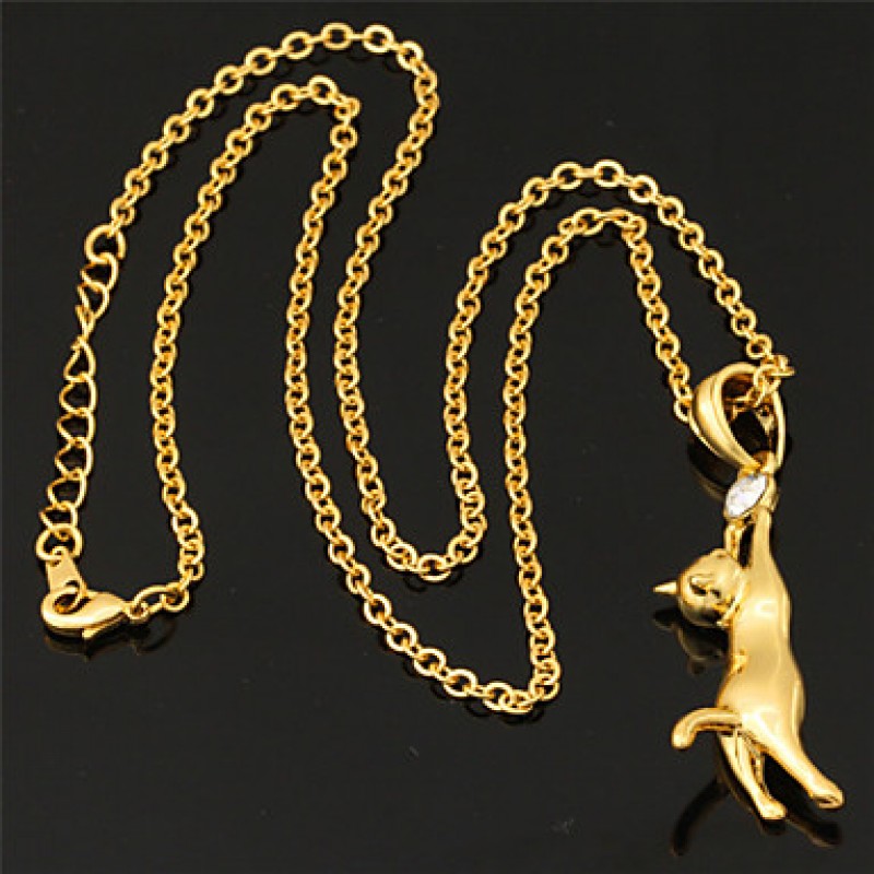 Cute Cat Pendant 18K Real Gold Plated Necklace Austrian Rhinestone Jewellery Jewelry for Women or Men