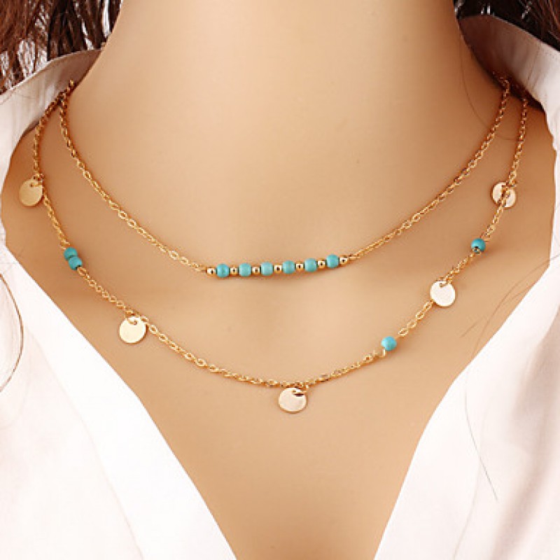 Women Necklace European Style Round CharmTurquoise Layered Chain Necklace