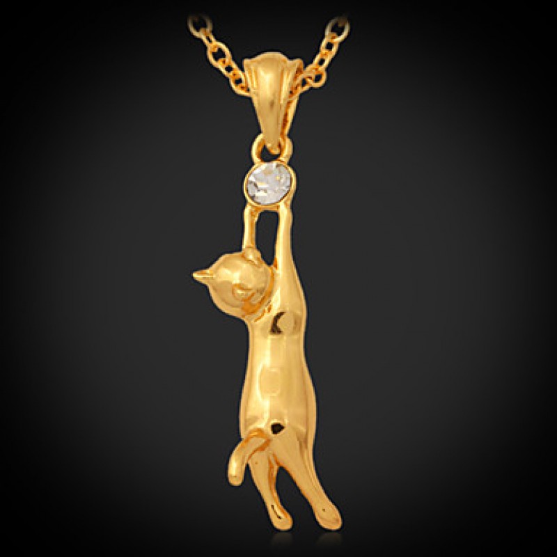 Cute Cat Pendant 18K Real Gold Plated Necklace Austrian Rhinestone Jewellery Jewelry for Women or Men