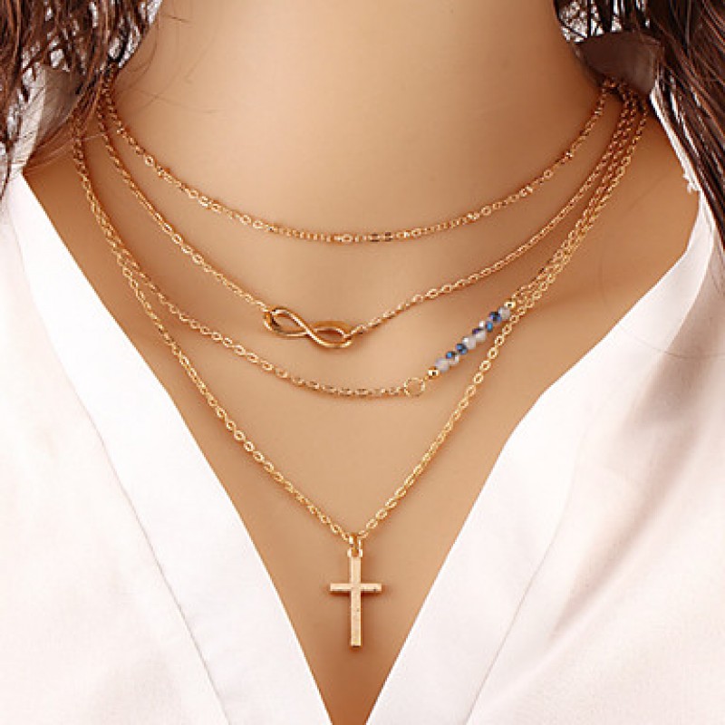 Sideways Cross Necklace Women Necklace European Style Cross Infinity Layered Chain Necklace