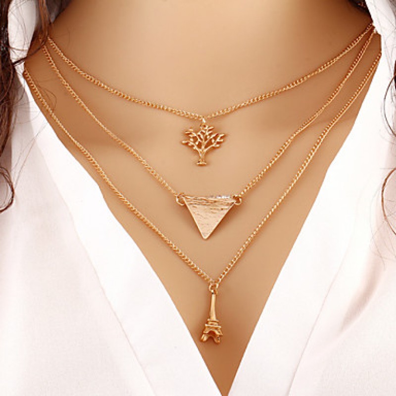 Women Necklace European Style Tree Eiffel Tower Layered Chain Necklace