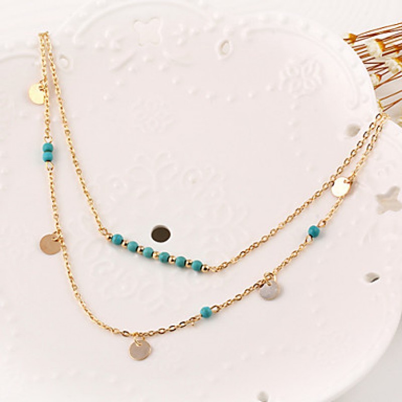 Women Necklace European Style Round CharmTurquoise Layered Chain Necklace