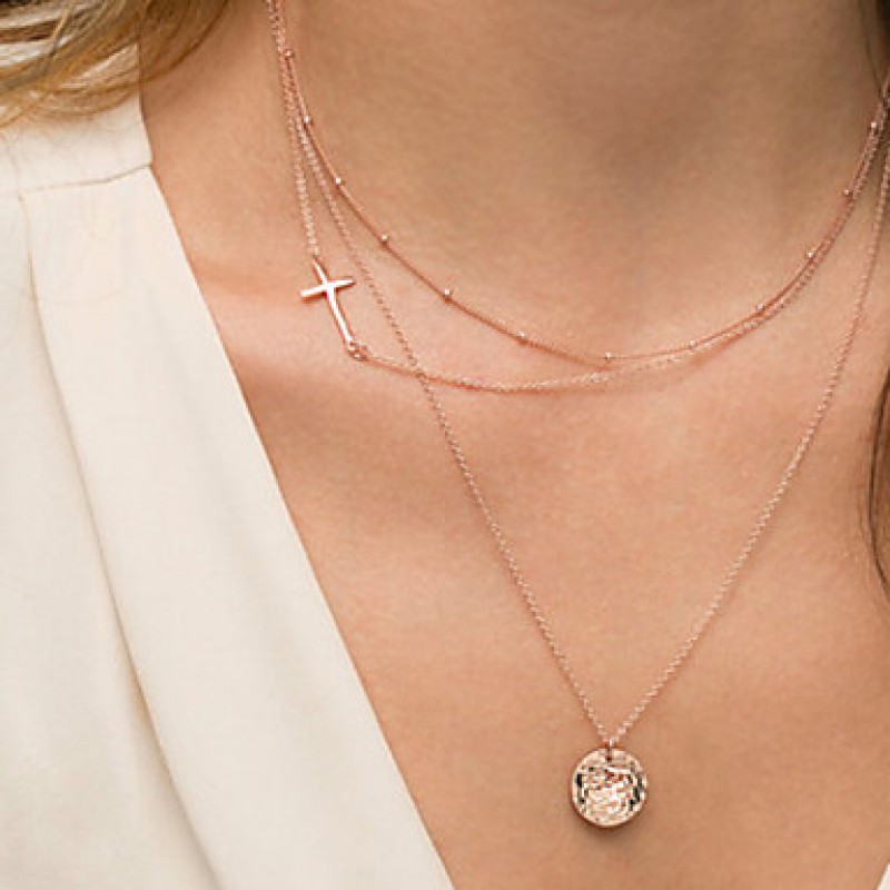 Sideways Cross Necklace Women's Simple Cross Zircon Pendant Three Layers Chain Necklace