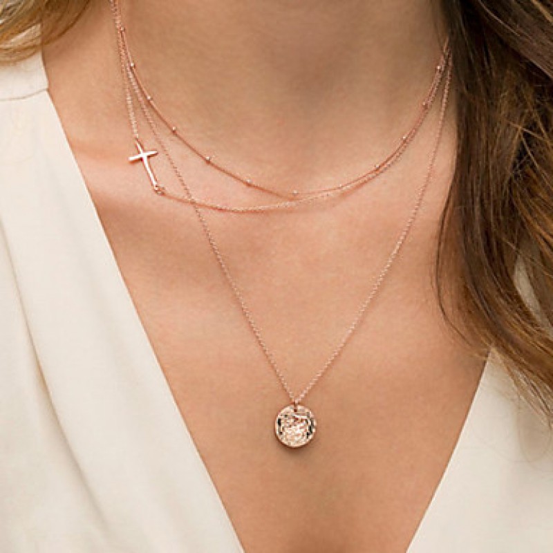 Sideways Cross Necklace Women's Simple Cross Zircon Pendant Three Layers Chain Necklace