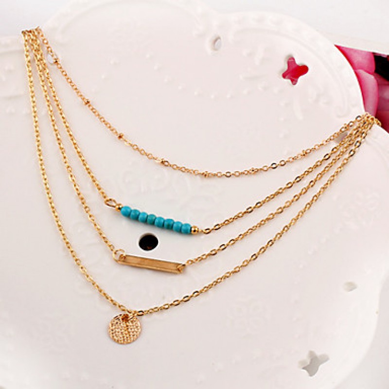 Women Necklace European Style Turquoise Round Pendant Layered Chain Necklace