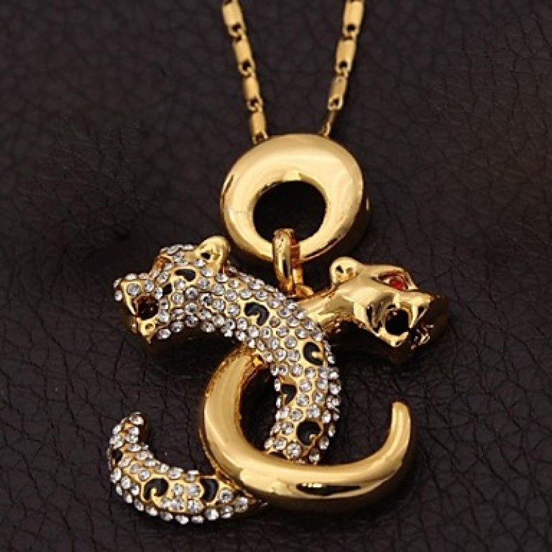 Cool Leopard Pendant Double C Letters 18K Real Gold Plated Rhinestone Choker Necklace Men's Jewelry