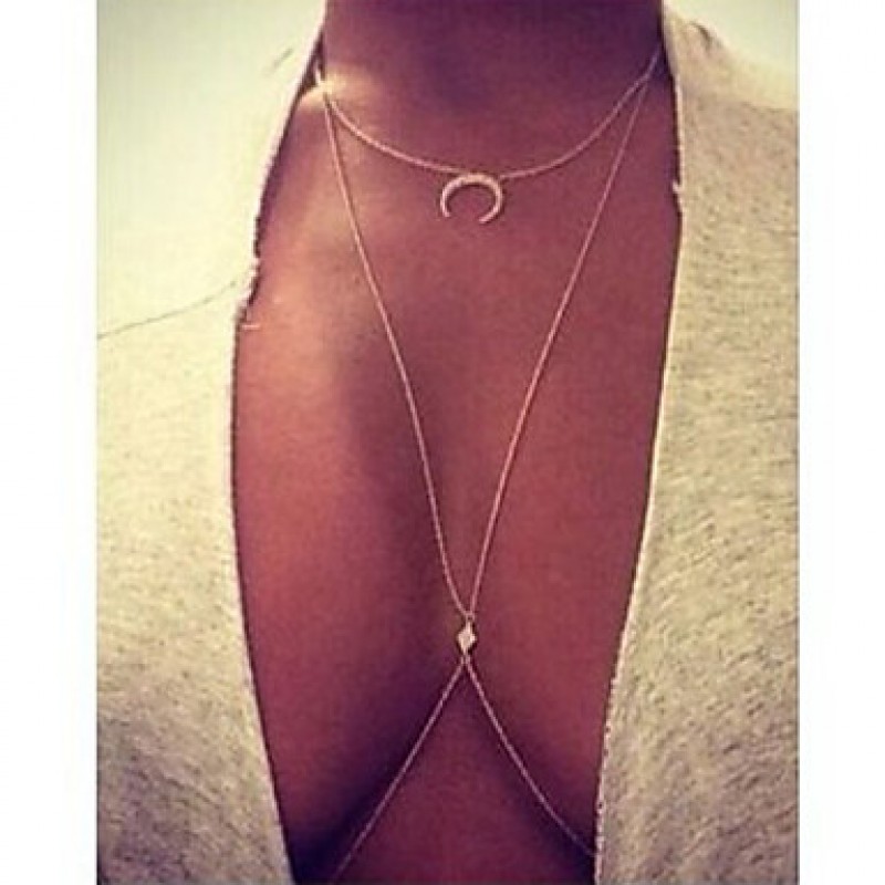 Women's Fashion Sexy Moon Pendant Necklace Metal Layered Rhinestone Body Chain