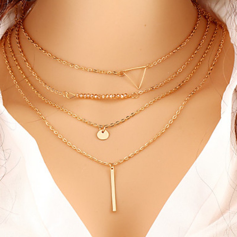 Women Necklace European Style Rhinestone Triangle Layered Chain Necklace