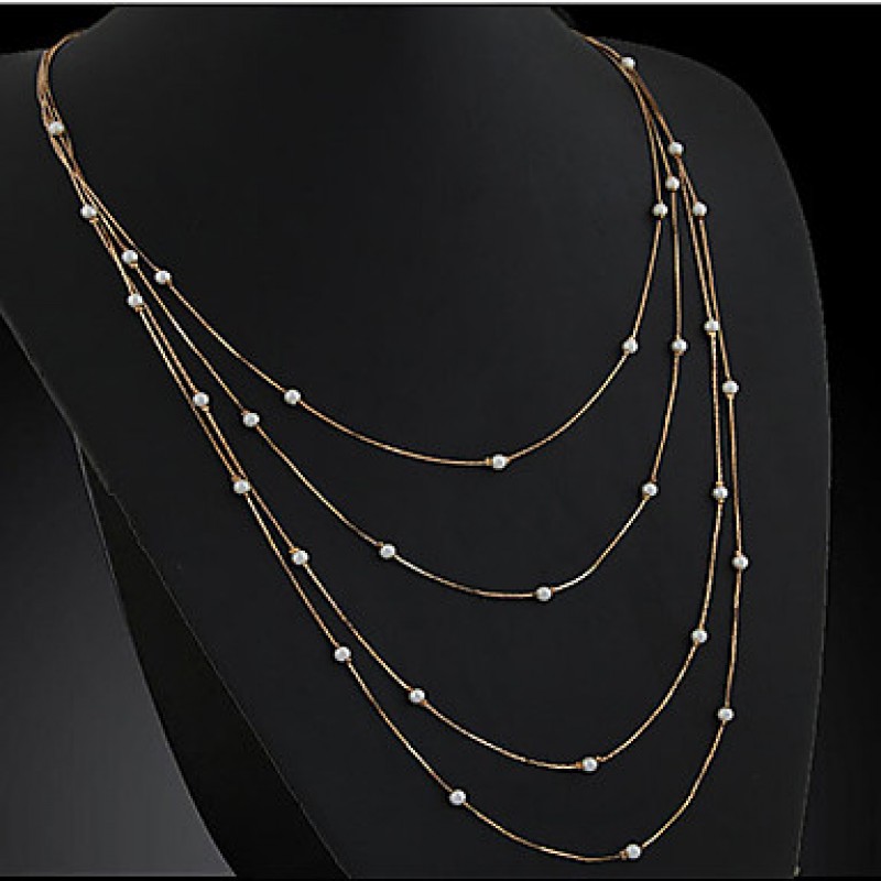 European Style Fashion Temperament Elegant Metal Chain Imitation Pearl Layered Necklace