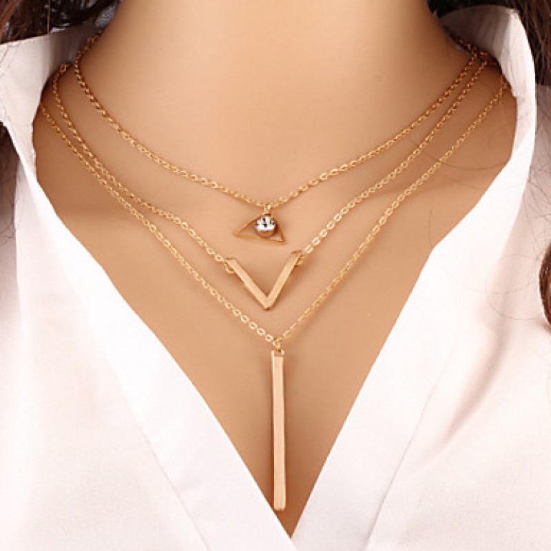 Women Necklace European Style Triangle V Shape Layered Chain Necklace