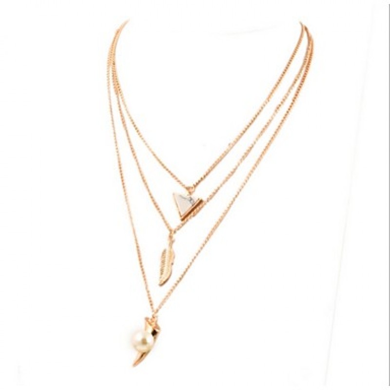 Women Necklace European Style Triangle Feather Pearl Layered Chain Necklace