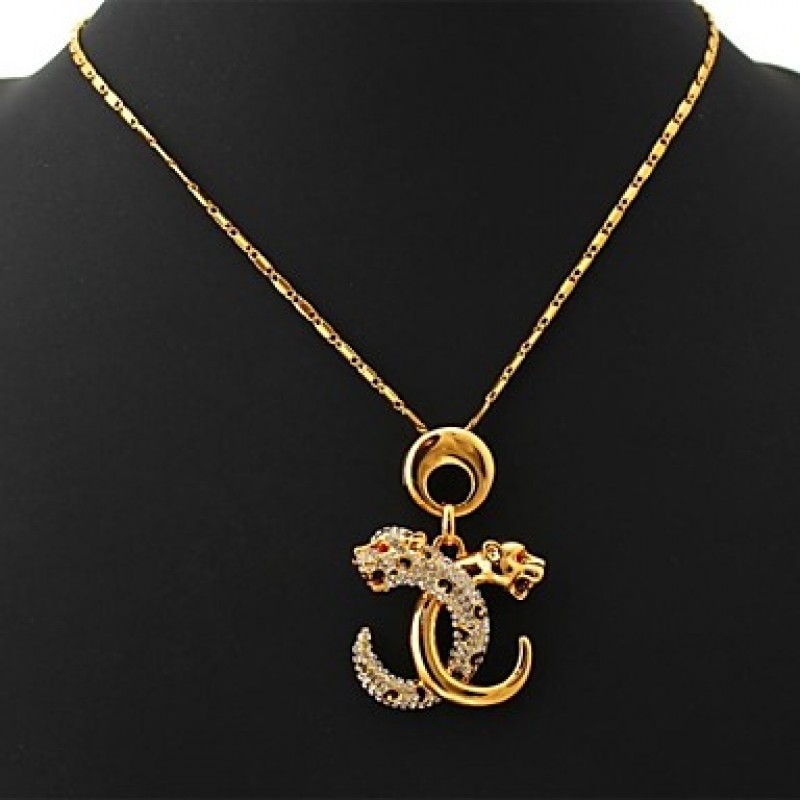 Cool Leopard Pendant Double C Letters 18K Real Gold Plated Rhinestone Choker Necklace Men's Jewelry