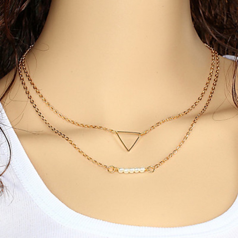 Women Necklace European Style Hollow Triangle Layered Chain Necklace