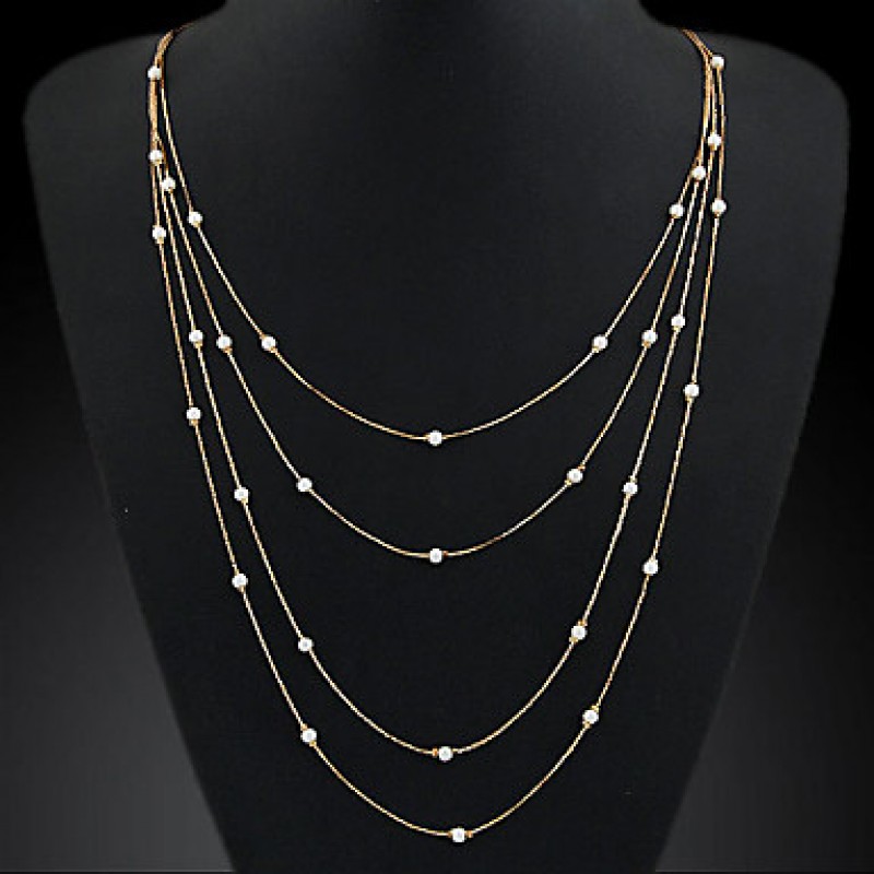 European Style Fashion Temperament Elegant Metal Chain Imitation Pearl Layered Necklace