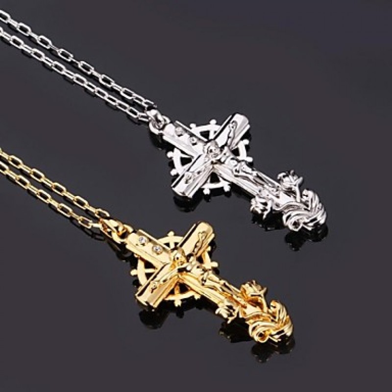 Crucifix Cool Cross Pendant Rotatable Wheel Choker Necklace for Men Clear Rhinestone 18K Gold Plated Fashion Jewelry